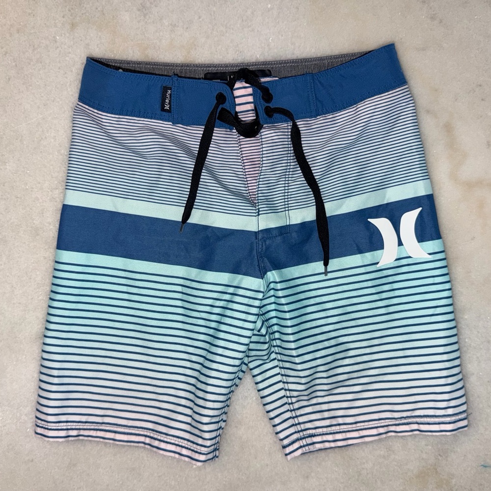 Hurley Blue and Light Blue Striped Kids Swim Shorts